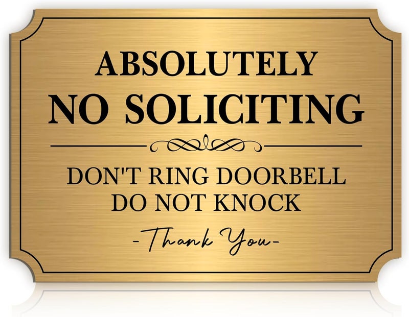 LUHIMO No Soliciting Sign for Front Door，Self-Adhesive Elegant Brushed Gold Do Not Knock or Ring Doorbell No Soliciting Sticker for Home, No Solicitors Sign for Doorbell, House Door, Office 5.9"x 3.9" - Image 1